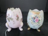 2 Egg Design Bud Vases Gilted Trim w/ Rose/Floral Motif Design Hand Painted