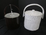 2 Ice Buckets, 1 Wicker Design w/ Handle, 1 George Conrad w/ Brown Body/Handle