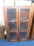 Wooden Cabinet 3 Inlay Shelves Glass Windows Twin Doors Metal Pull