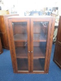 Wooden Cabinet 3 Inlay Shelves Glass Windows Twin Doors Metal Pull