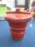 Red Wooden Asian Design Bin w/ Top Curved Body Narrow To Wide