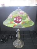 Tall Metal Grooved/Floral Body Lamp w/ Glass Shade Green Floral/Pink Flower Design