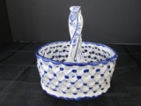 White/Blue Ceramic Basket Wicker Design Blue Floral Center