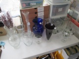 Glass Lot - Tall Thin Art Glass Vase, 2 Glass Vases, Ruby Flash Vase, Blue Glass Vase, Etc.