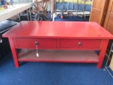 Vintage Red Low Table 2 Drawers Metal Ring Pulls Wooden 1 Lower Shelf, Block Legs/Columns
