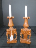 Pair - Wooden Carved Elephant Head Design Tall Candle Holders