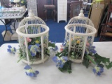 2 Hanging White Metal Cages w/ Faux Flower Décor, w/ Faux Flowers, Scroll Design