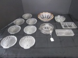 Glass Lot - Misc. Orange Juicer, Gilted Bowl, Divided Dishes, 7 Scallop Plates