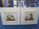 Pair - Hand Painted Purple/White Floral Wooden Wall Art