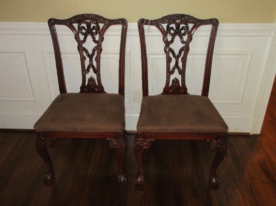 Pair - Chippendale Style Chairs Intricate Ribbon Splat Back, Carved Knees on Ball & Claw Feet