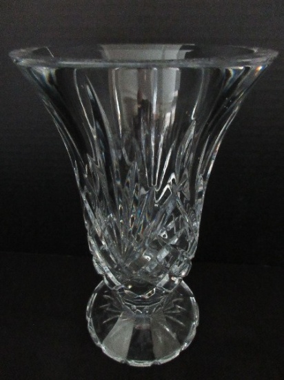 Lead Crystal Footed Vase File & Diamond Pattern Base Signed "M"