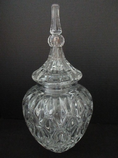 Stunning Lead Crystal Inverted Diamond Pattern Candy Dish w/ Finial Sphere Lid