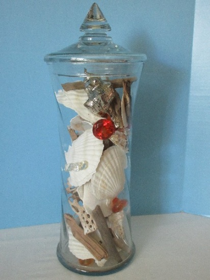 Large Hand Blown Glass Optic Swirl Patter Jar w/ Lid Fulled w/ Scalloped Sea Shells