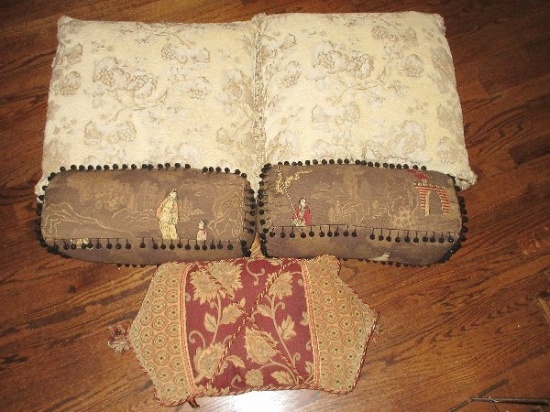 Lot - Decorative Accent Pillows 2 Bolster Oriental Design Beaded Tassels 18"