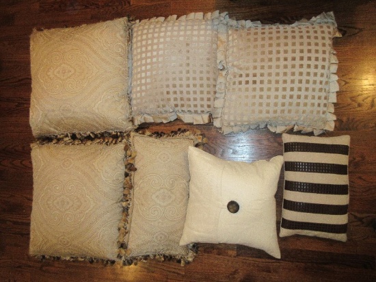 7 Accent Feather Decorative Pillows Geometric Pattern Pleated Trim, Mediterranean Design