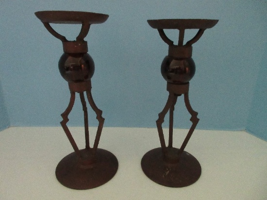 Pair - Art Décor Style Cast Iron Pillar Candle 10" Stands w/ Ruby Glass Orbs Antique Patina