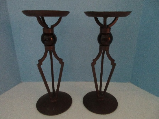 Pair - Art Décor Style Cast Iron Pillar 13 1/2" Candle Stands w/ Ruby Glass Orbs