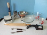 Lot - Kitchenware 2 Pyrex Glass Measure Cups, Wooden Rolling Pin, Knife Sharpener, Grater