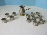 Lot - Pewter/Brass Creamer w/ Side Handle, 8 Pewter Rolled Edge Napkin Rings