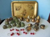 Antiqued Gilted Patina Tray w/ Misc. Resin Fruit Acorns w/ Metal Leaf/Stem