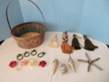 Lot - Handled Basket w/ Whimsical/Tassels, Resin Star Fish/Bejeweled Conch Shells