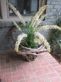 Stately Hand Woven Vine Large Basket w/ Glass Vase Inset & Flowering Plant