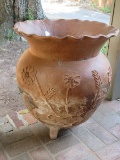 Large Terra Cotta 3 Toed Flower Pot Traditional Mexican Design Sculpted Stem Flowers Design