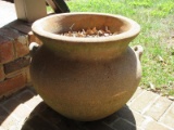 Terra Cotta Kettle Style Planter w/ Handles Weathered Patina