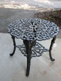 Cast Metal Patio Round Side Table w/ Ornate Pierced Scroll Work Design Black Finish