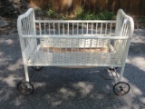 Vintage Wicker Baby Crib Bassinet on Casters