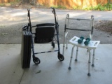 Lot - Geriatrics Shower Stool Bench, Walker, Steel Rollator Blue w/ Hand Brakes