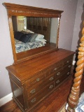 Ethan Allen Furniture Royal Charter Collection Oak Double Dresser w/ Attached Frame Mirror