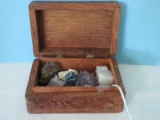 Intricate Carved Wooden Box w/ Misc. Geodes Amethyst, Quartz, Etc.