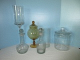 Lot - Pressed Glass Cookie Jar, Amber Pedestal Hand Blown Covered Candy Dish