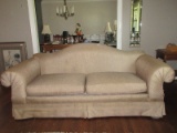 Contemporary Camel Back Oversized Sofa w/ Rolled Arms & Pleated Skirt Beige Brown