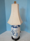 Semi-Porcelain Blue/White Orient Style Vase on Simulated Teak Wood Base