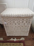 White Wash Wicker Laundry Basket Lined w/ Hinged Lid & Carved Scroll Foliage Side
