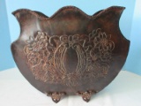 French Inspired Footed Metal Planter Embossed Floral & Ribbon Design Antique Patina