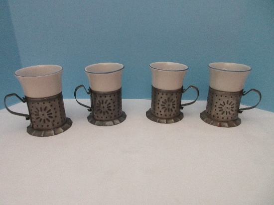 Set - 4 Pfaltzgraff Stoneware Yorktowne Pattern Tin Punch Mug Holders w/ Inserts