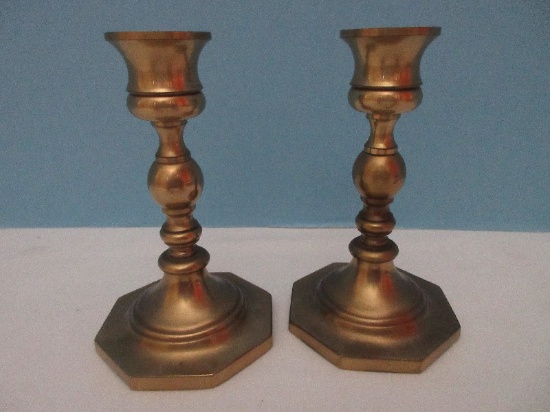 Baldwin Brass Pair Traditional Colonial Style Candlesticks on Octagonal Base