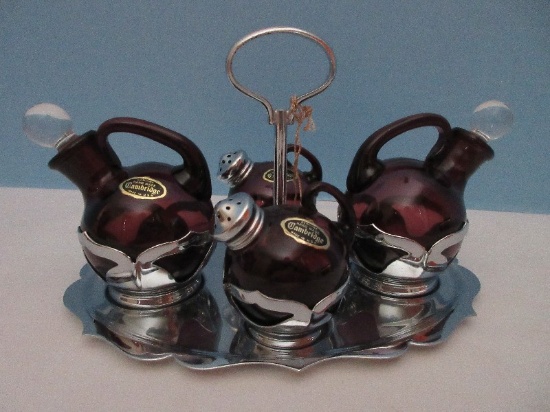 Amazing Farber Brothers Krome Kraft Art Deco Style Cambridge Glass Amethyst Condiment Set