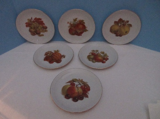 Set - 6 Kahla China Various Fruits & Nuts Pattern Embossed Rim Gold Trim 7 5/8" Salad Plates