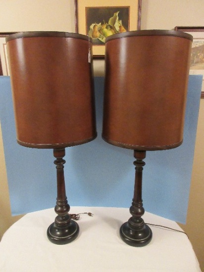 Pair - Pine Early American Style Table Lamps on Antiqued Patina Plinth Metal Base