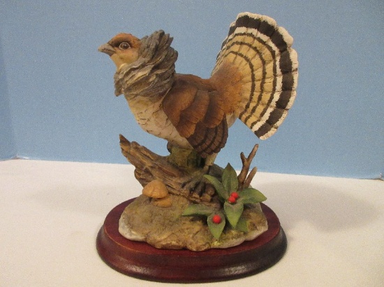 Andrea Ruffled Grouse Fine Porcelain Figural Sculpture on Wooden Display Base