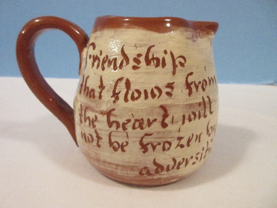 Pottery Creamer Amish Style Flower Design w/ Inscribed Quote