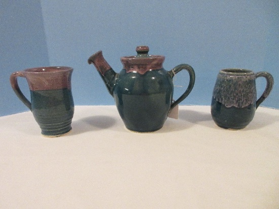Pottery Southern Hand Made Old Fort, N.C. by John Garrou Teapot & 2 Coffee Mugs