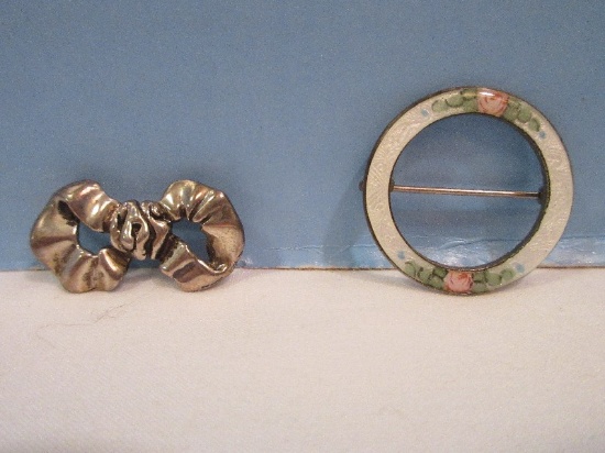 Sterling Silver Ribbon Bow 1" Pin & Round 1" D Pin White w/ Pink Rosebud Spray