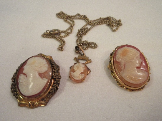 Lot - Cameo 1-20 10k Gold Filled 1 1/4" Brooch, Gold Tone 1" Cameo