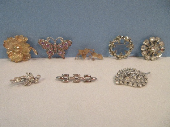 8 Stunning Brooches Amethyst Butterfly, Rhinestone Leaf, Wreath, Etc.