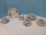 12 Pieces - Bondware China Moss Rose Pattern 4 Footed Cups, 4 Saucers, 4 Dessert Plates 8 1/4